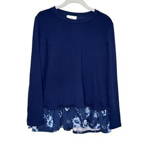 Kate Spade Top Size Medium Navy Blue Prairie Hem Floral Ruffle Long Sleeve